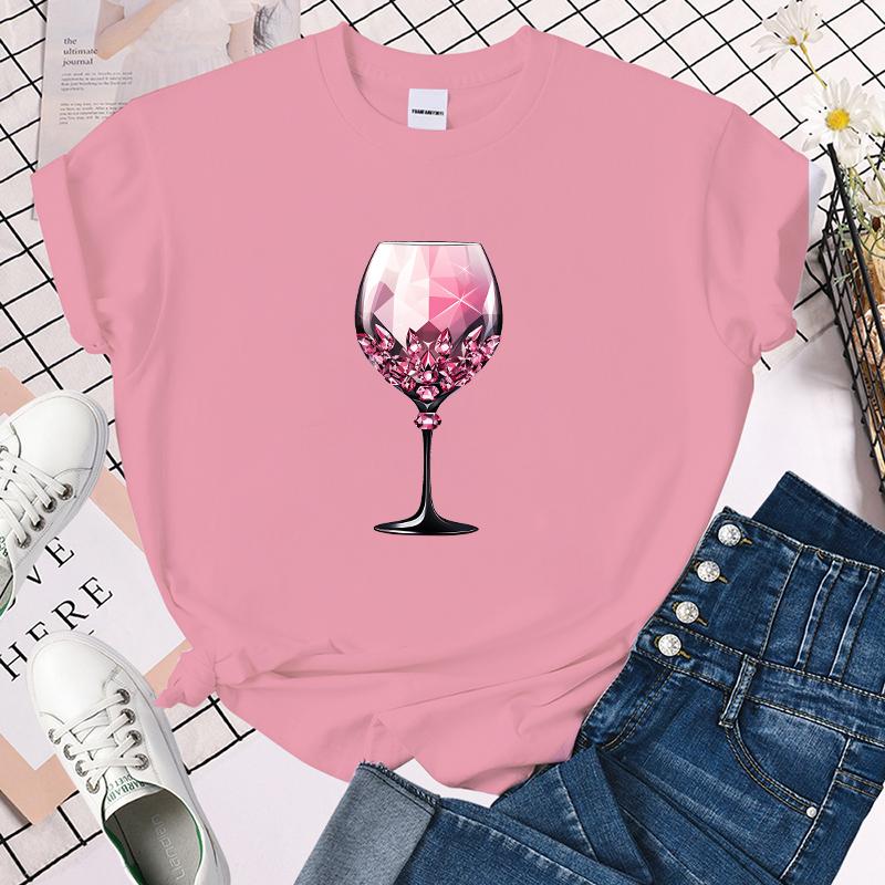 (Premium T-shirt)Pink Wine Glass T-Shirt Women T Shirt Cosplay Clothes Streetwear Tee Shirt Plus Size Tops