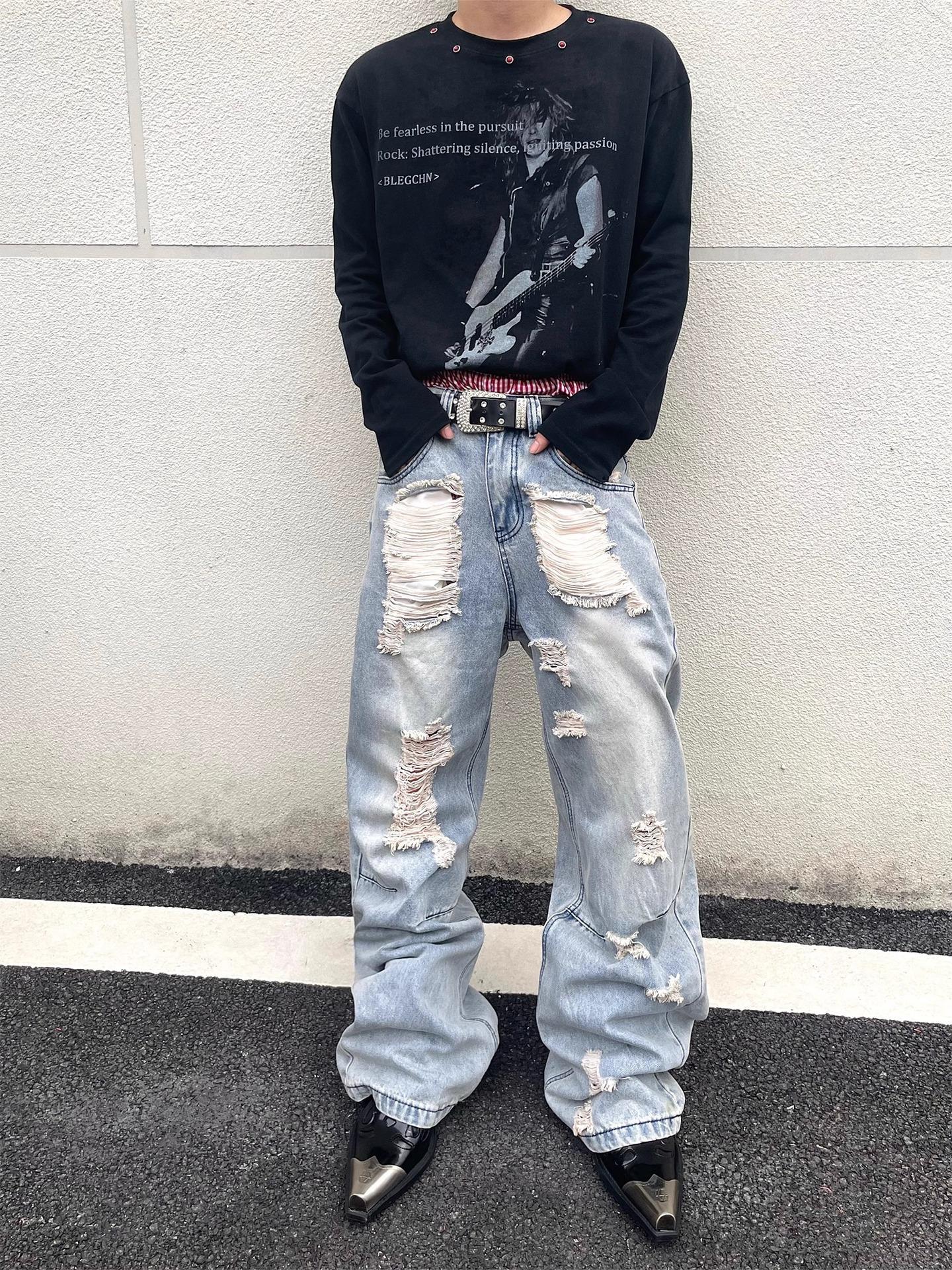 Джинсы JYL мужские с бахромой рваные летние стираные уличные свободные прямые джинсовые 2XL