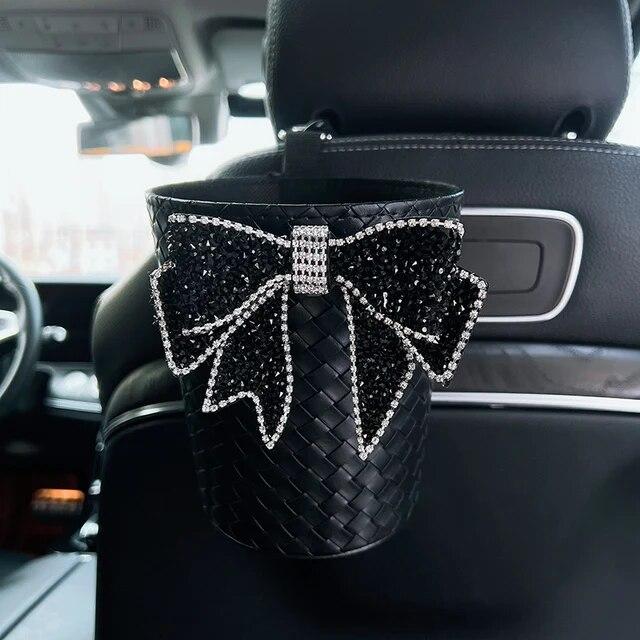 Kreativer gestrickter Leder-Auto-Mülleimer mit Schleife für Kopfstütze, Mini-Auto-Auslass, Lüftungsschlitz, Müllbeutel, Müllaufbewahrungsbox für Frauen