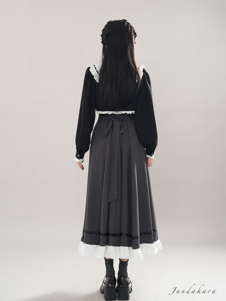 Jundakara Elegant Vest Dress and Coat Long Removable Ribbon and High French Girly Student XL Cape-Style Set, Sleeves, Ruffles, A-Line, Waist,