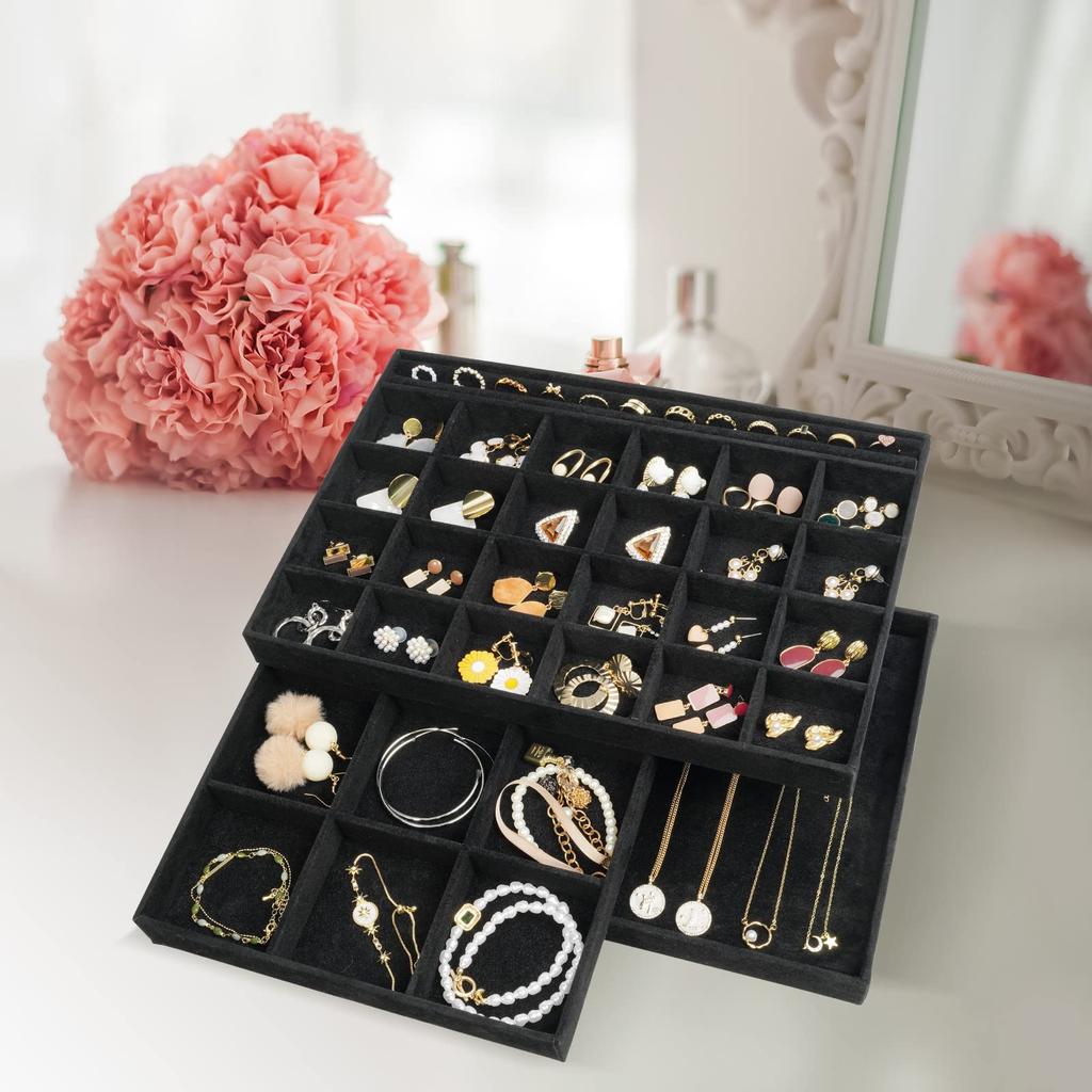 ProCase Jewelry for Accessory with All Black Tray, 3-Pack, Stackable, Vanity/Dresser Drawers, Case, Display, Dividers,