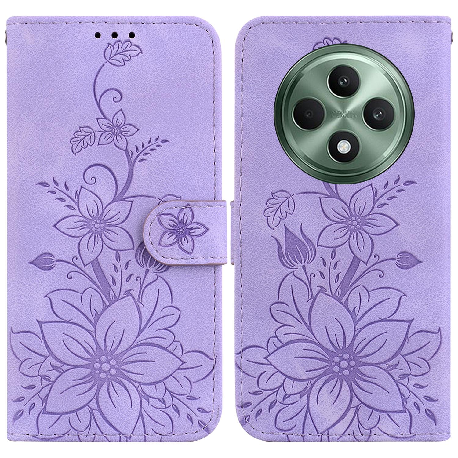 

For Oppo Reno12 F 5G Case Lily Flower Imprint Leather Phone Cover with Stand Purple