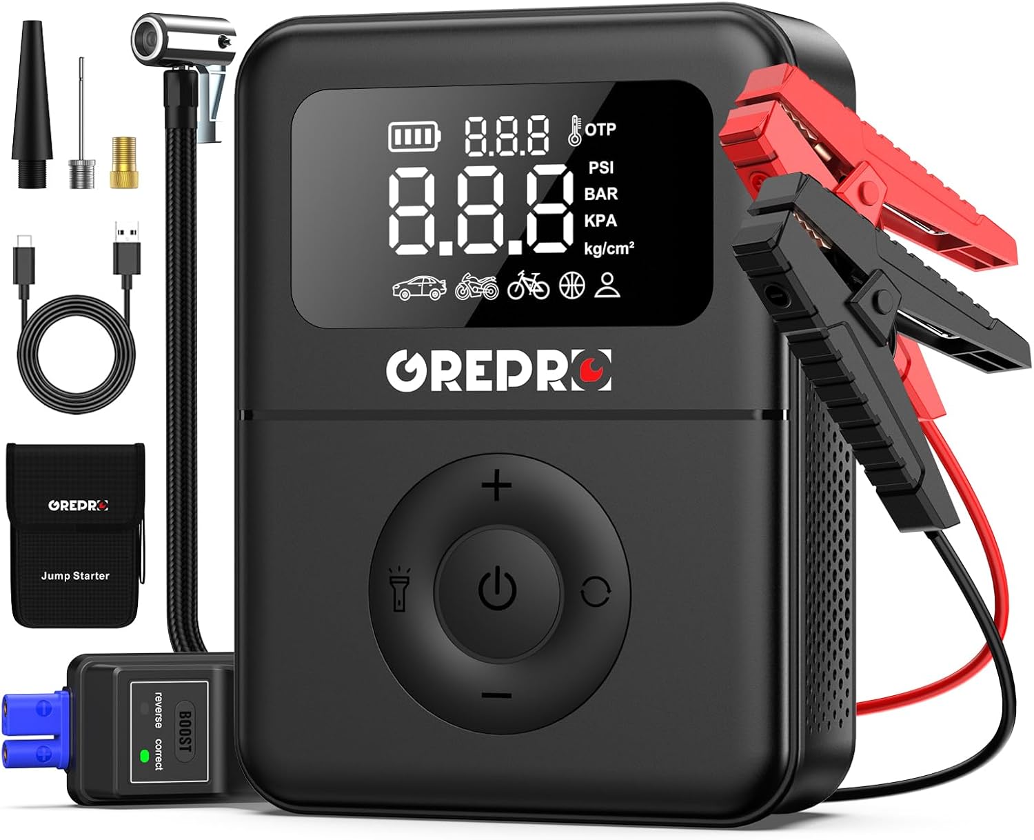 

Jump Starter with Air Compressor, 5000A, 150PSI Tire Inflator, 12V Portable Car Battery Booster, Digital Display, LED Flashlight чорний