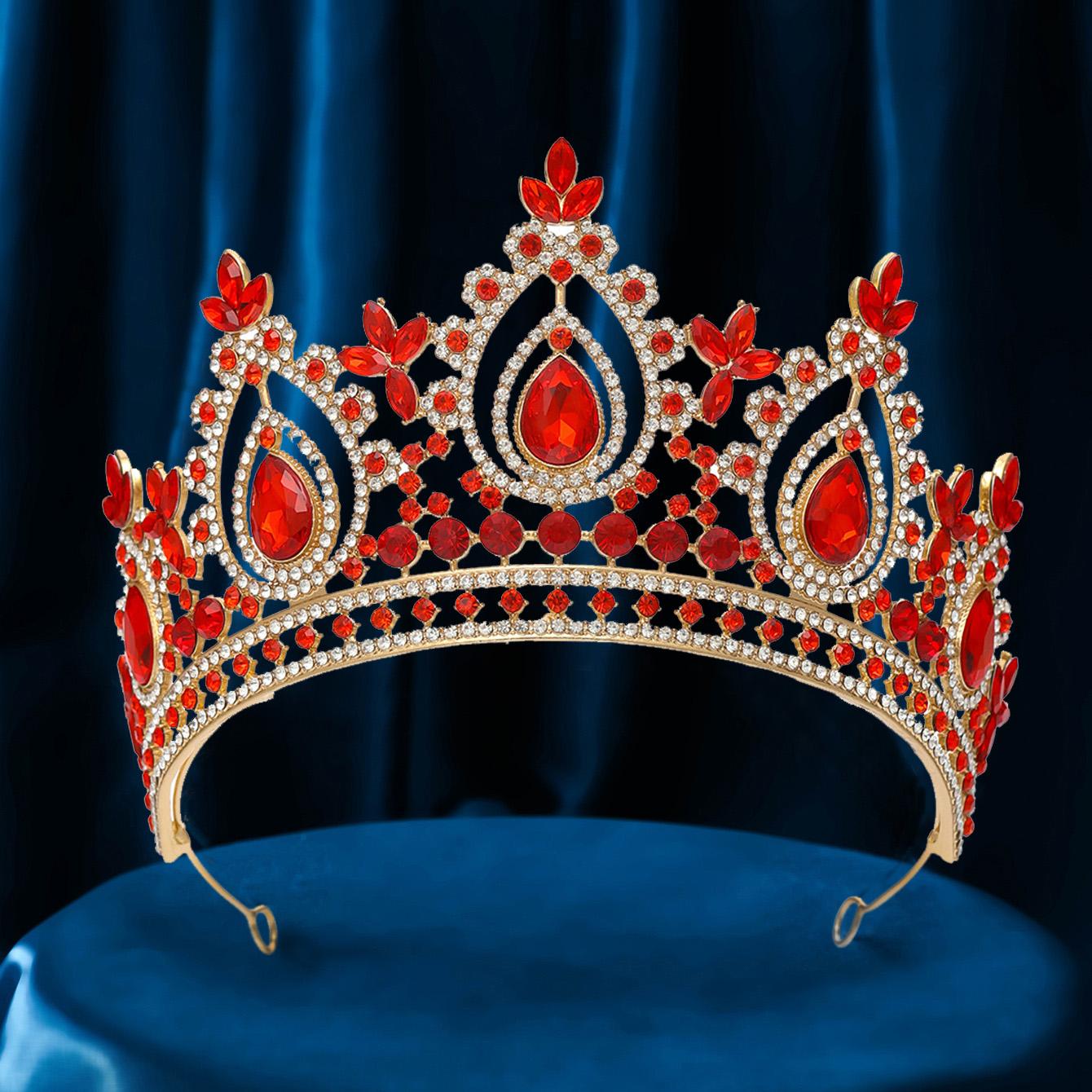 

Luxury High Royal Queen Wedding Crown for Women Silver colors Crystal Banquet Tiaras Party Costume Hair Jewelry Accessories NONE красный