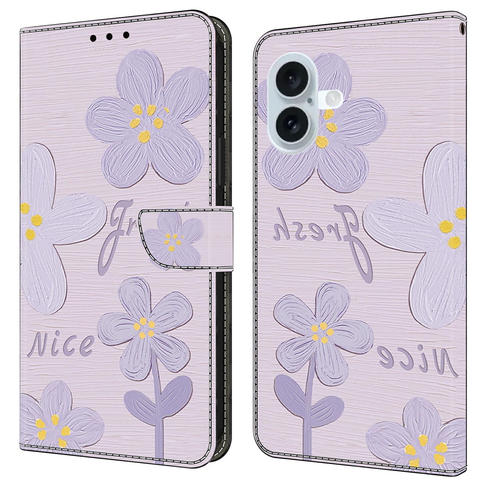 

Чехол для iPhone 16 Plus с печатью узора, противоударный, кожаный, откидной кошелек, чехол для телефона Purple Flowers