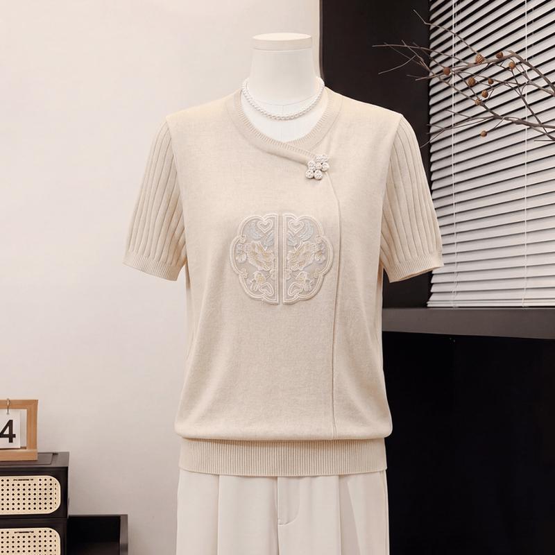Yuzhaolin Summer New Chinese Style Embroidered Knit Top for Mid-Aged Women