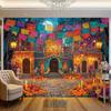 2D Día De Los Muertos Street Scene Wall Tapestry, Colorful Mexican Holiday Backdrop for Living Room