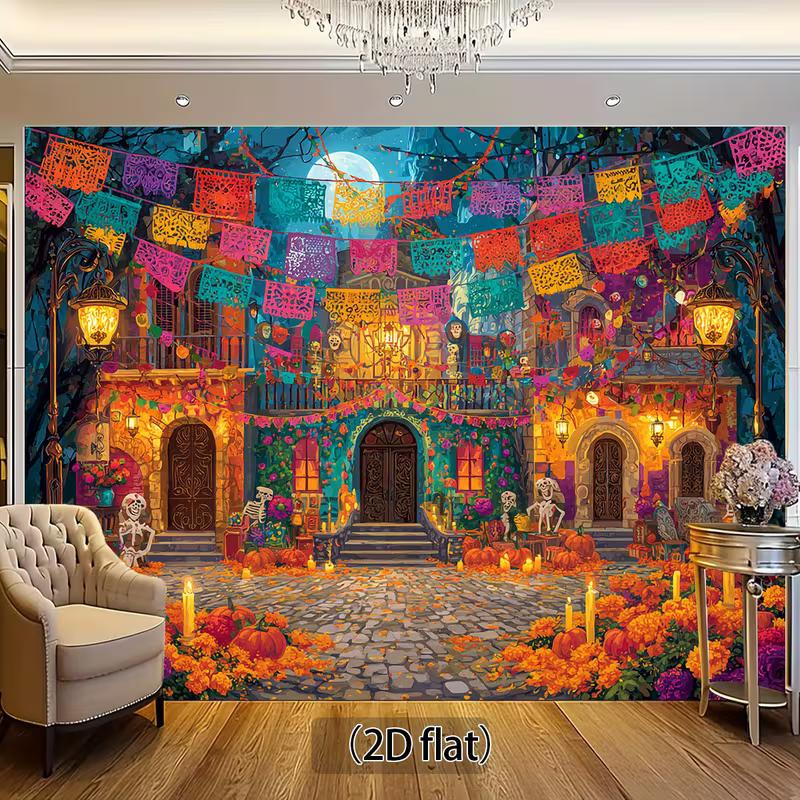 2D Día De Los Muertos Street Scene Wall Tapestry, Colorful Mexican Holiday Backdrop for Living Room