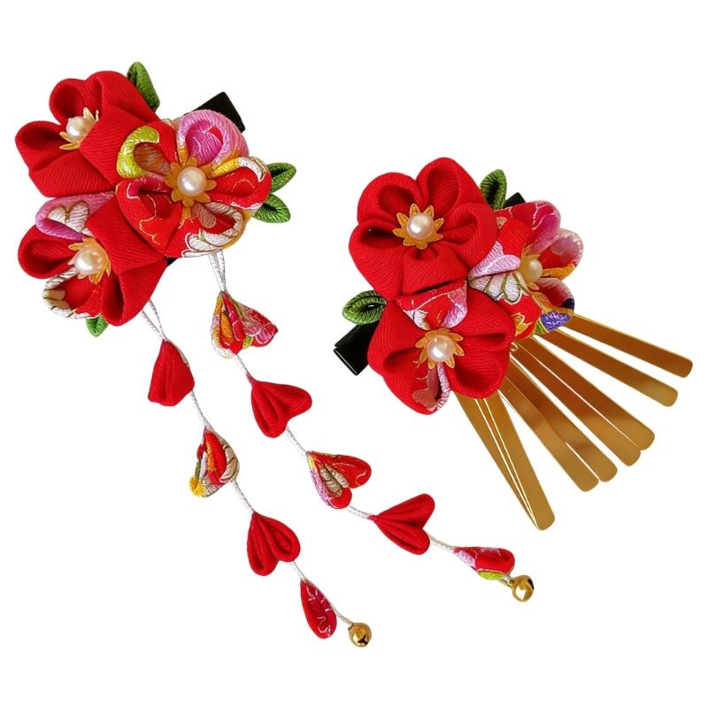 Japanese Style Hair Ornament Fabric Flower Hairpin Traditional Kanzashi Hair Clip For Formal Occasion Costume Props