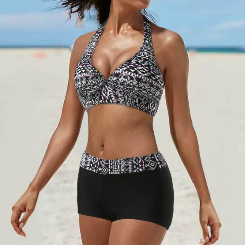 

Split swimsuit boxers high waist split bikini conservative strap-on swimsuit XXL