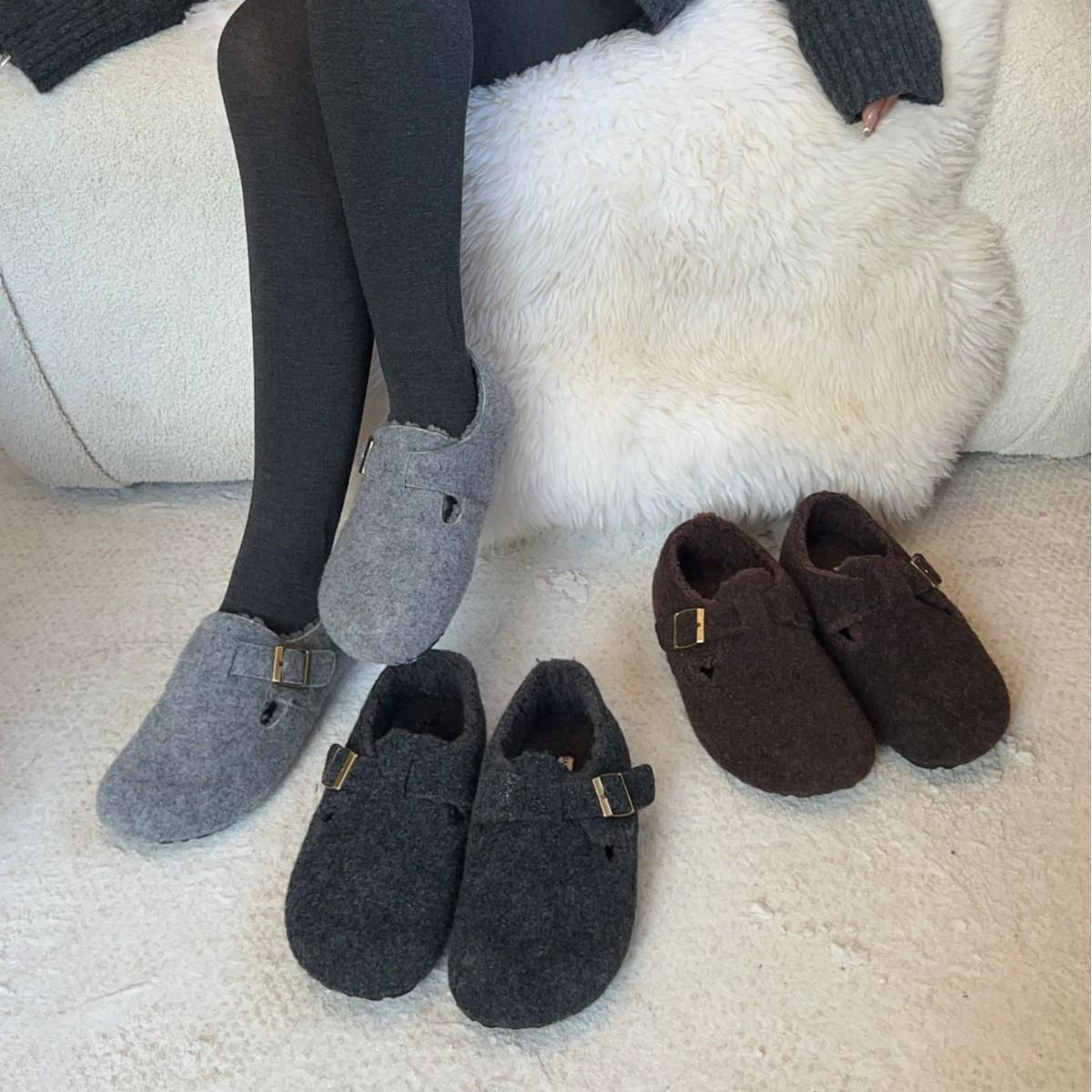 

2025 осень новый матовый ремень с пряжкой на толстой подошве верхняя одежда полушлепки ленивые теплые модные женские хлопковые бархатные одинарные туфли 39 кофейный