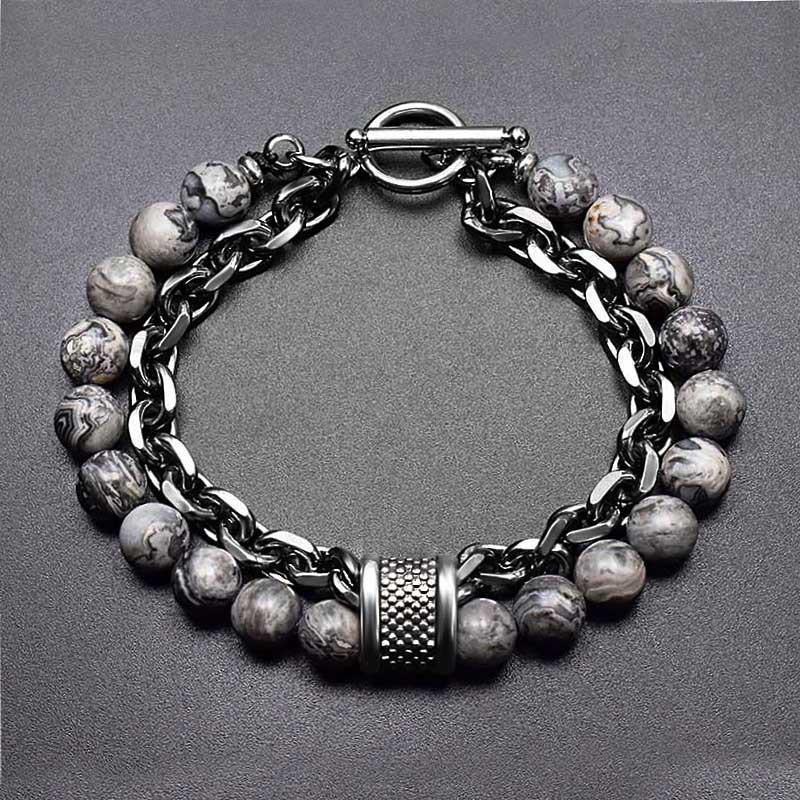 

Malachite Map Stone Men s Bracelet - Beaded Stainless Steel Bracelet with Retro Style - Jewelry
