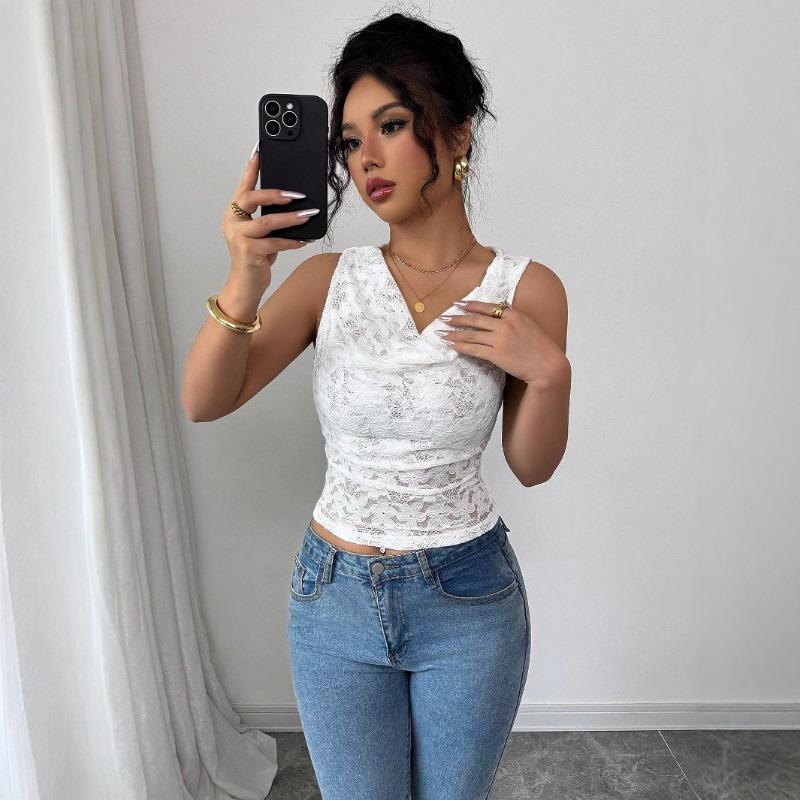 Women Sexy Lace V Neck Slim Fit Sleeveless Top Summer