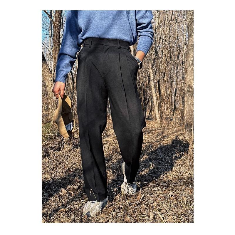 Men High Waist Double Pleated Loose Straight Non Iron Casual Suit Trousers