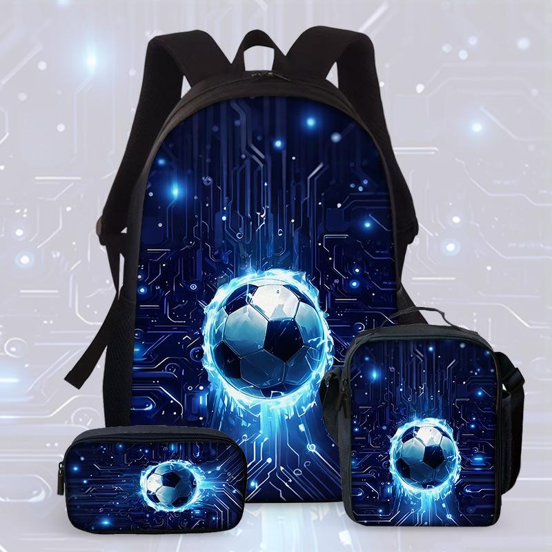 Football Cartoon Print Junior High School Backpack Three-Piece Children'S Schoolbag Primary School Backpack