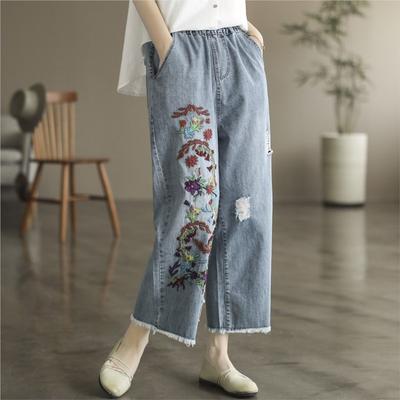 Pantaloni in denim floreale con ricamo vintage da donna Pantaloni dritti autunnali in vita elastica blu