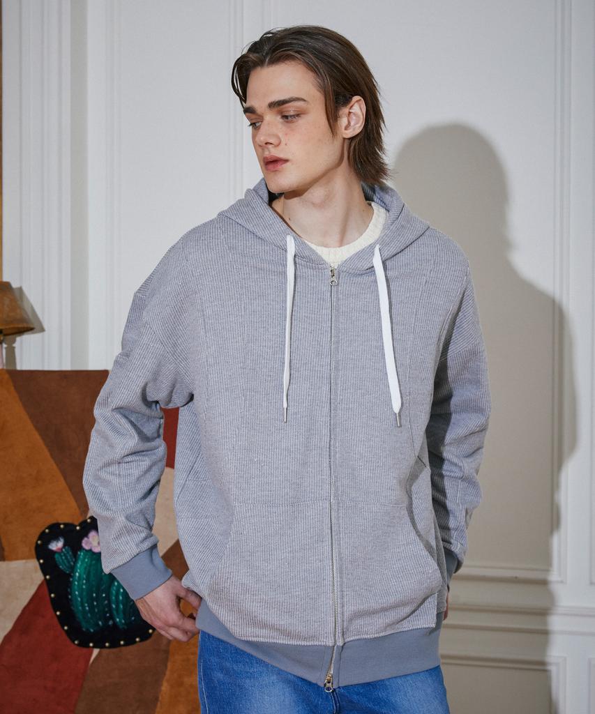 Learve Oversized Sweat Stripe Hoodie Zip-Up Grey