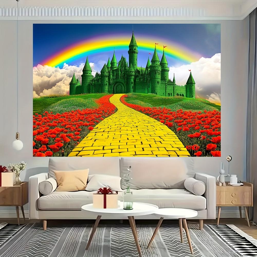 1 Large "The Wizard of Oz" Jade Castle and Brick Road Background - Bright Floral Rainbow Polyester Photography Background