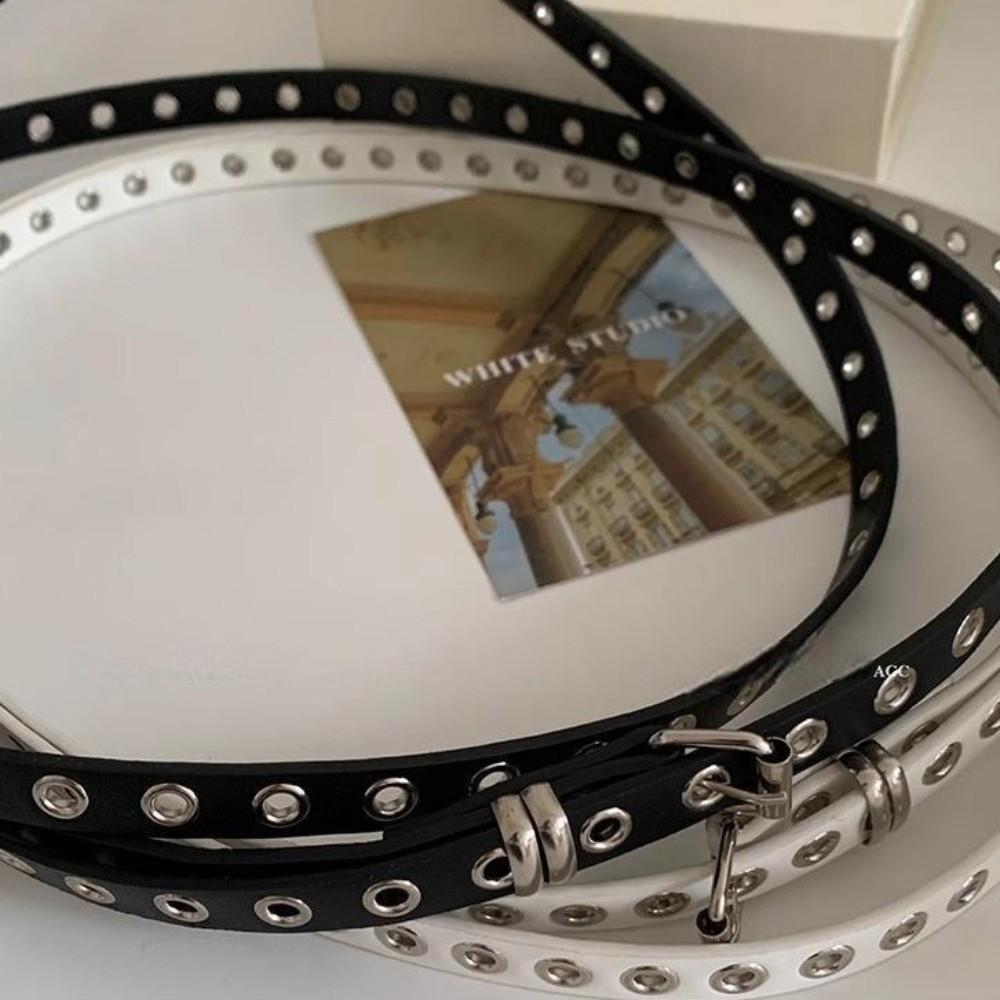 Adjustable Double Layer Circle Chain Extra Long Thin Rivet Eyelet Knotted Belt  Women