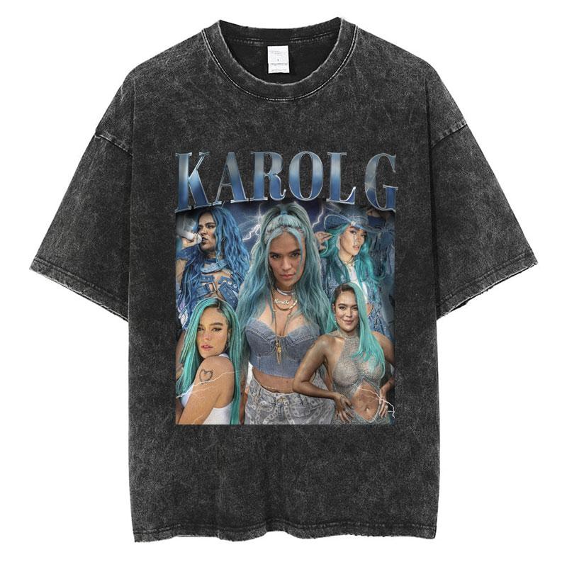 Fashion Karol G La Bichota Washed TShirt Aesthetic Hip Hop Men Women Short Sleeve Oversized Cotton Casual Tee Shirts Streetwear