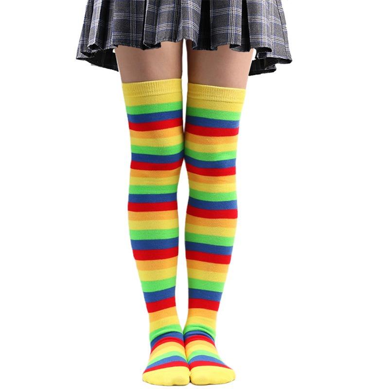 Femmes Filles Fantaisie Arc-en-Ciel Coloré Rayures Au-Dessus du Genou Chaussettes Longues Costume Cosplay Halloween Tricotées Extensibles Cuisse Haute