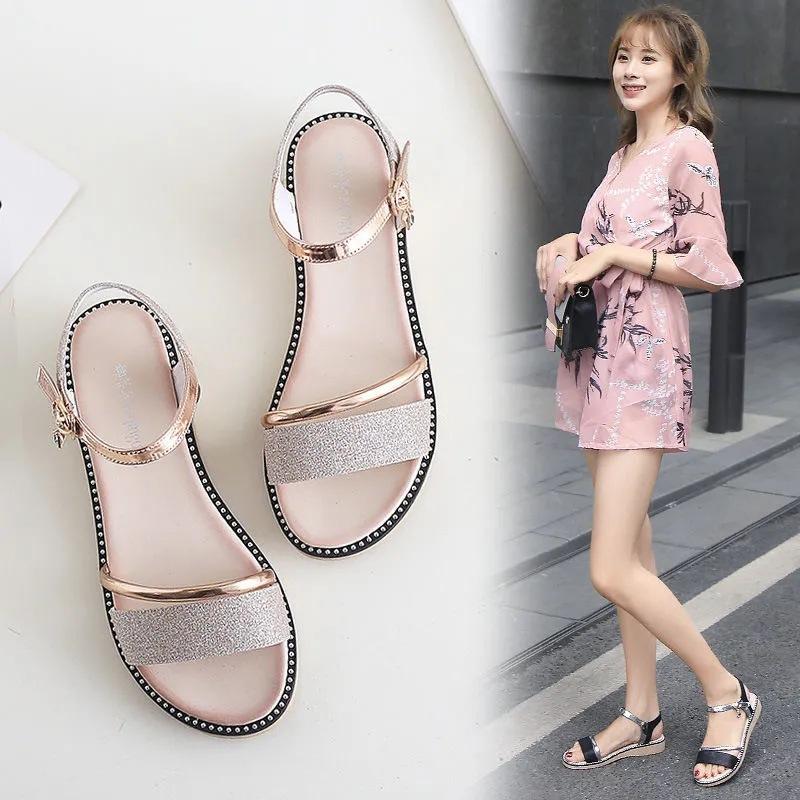 Sandals Women's Summer  New Flat-bottomed Versatile Student Korean Version Simple Thick-soled Wedge Heel One-word Buckle Roman Women's Sandals