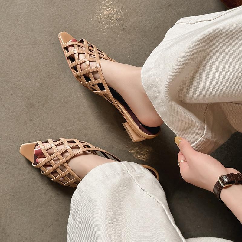 Fashion 2025 Summer Women Genuine Leather Sandals Brand Narrow Slingback Sandals Open Toe Low Heel Shoes Woman Sandalias Slides Women