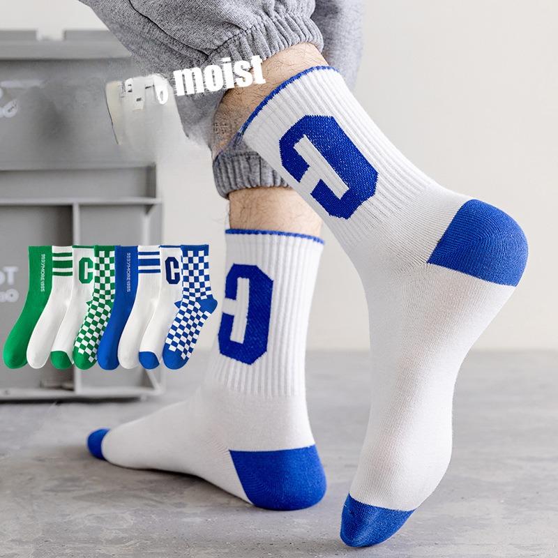 5 Pairs of Socks Cotton Spring and Summer Sports Mid-calf Checkerboard Basketball Socks Big C Green Blue Winter Tide Socks Men and Women