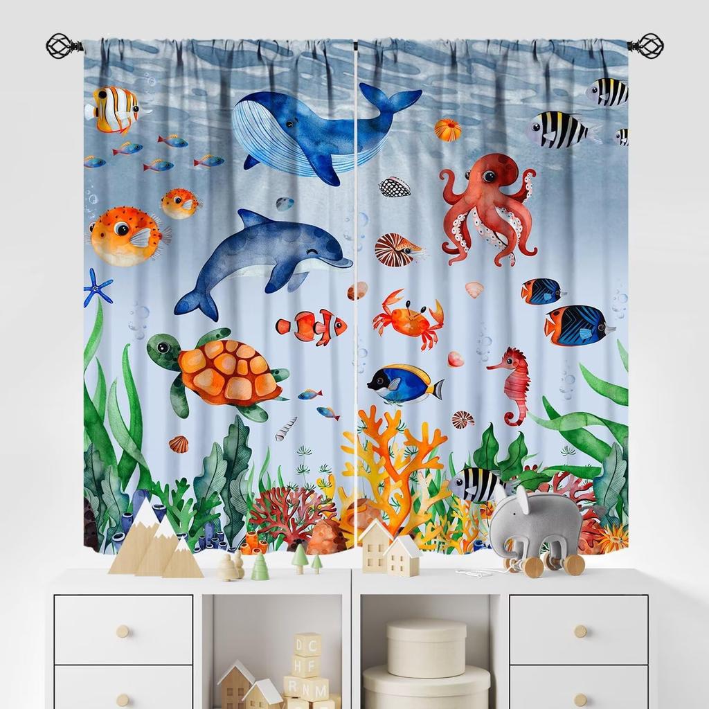 Kids Sea Animal Curtains Teens Boys Girls Bedroom Nursery Decor Cartoon Sharks Art Printed Window Drapes Fabric Light Blocking Polyester Sleeping Area