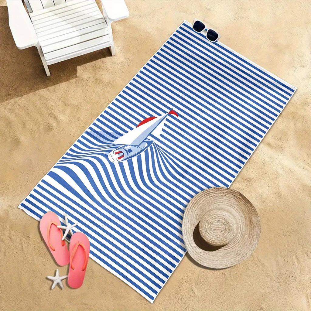 1 Stück nautisches Segelboot Strandtuch, Polyester Schnelltrocknendes Handtuch, Leicht & Weich für Schwimmen & Surfen, Unisex, Ideales Strand-Zubehör