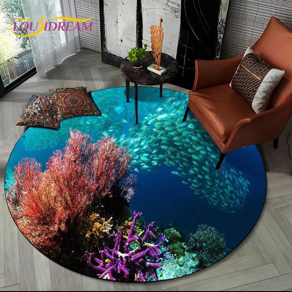 3D Seabed Underwater World Dolphin Turtle Round Area Rug,Carpet for Living Room Bedroom Sofa Playroom Decor,Non-slip Floor Mat