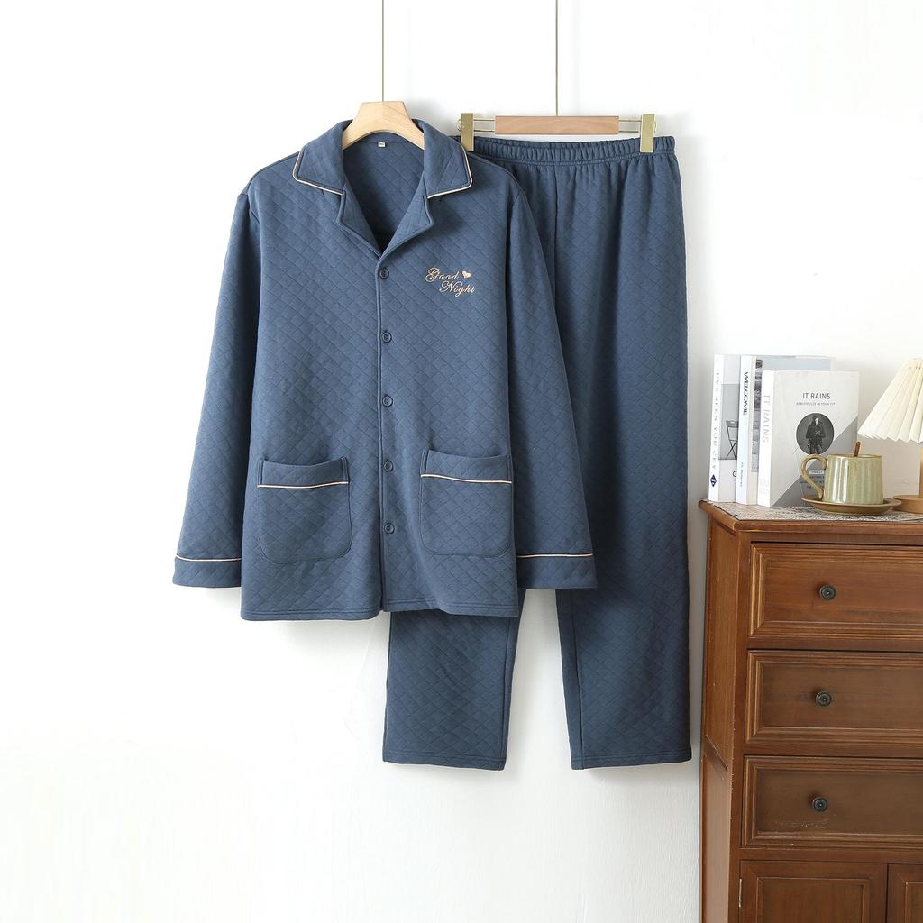 Męska Pikowana Piżama z Bawełny Powietrznej - Ciepły Zestaw z Długim Rękawem na Jesień/Zimę
