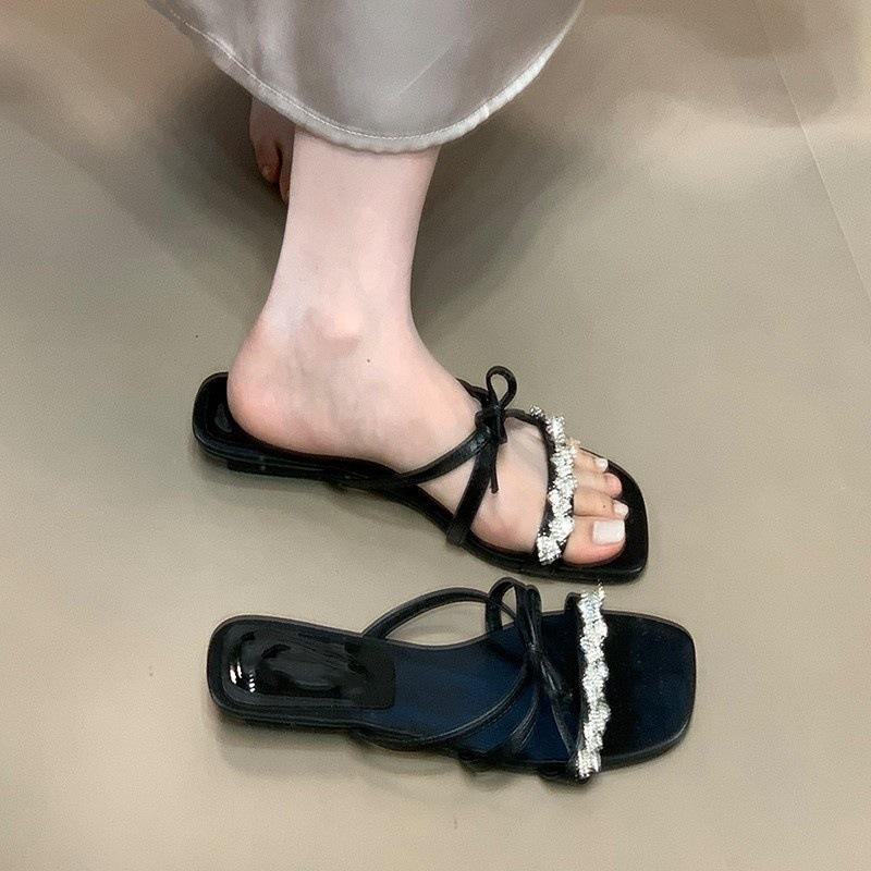 Thin ribbon rhinestone bow one-word drag women's high-end sandals wear new