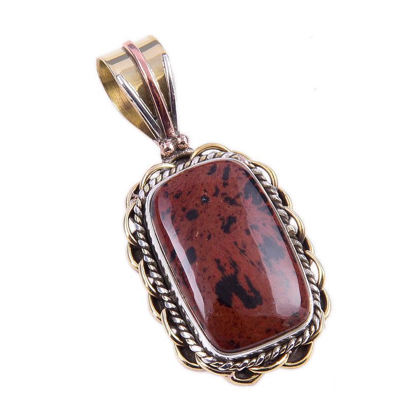 Natural Mahogany Obsidian Gemstone 925 Solid Silver Two Tone Pendant 1.50'' k3F75