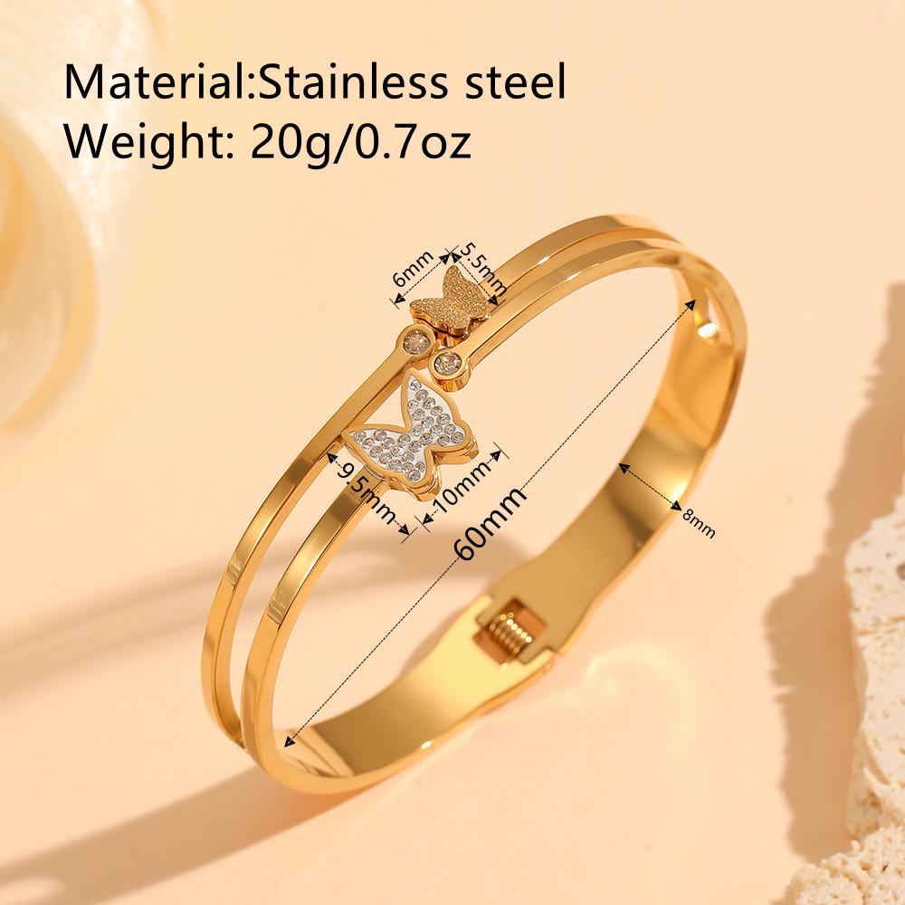 Titanium Steel Gold Butterfly Bracelet: Versatile, Light Luxury Double-Layer with Diamonds for Women.