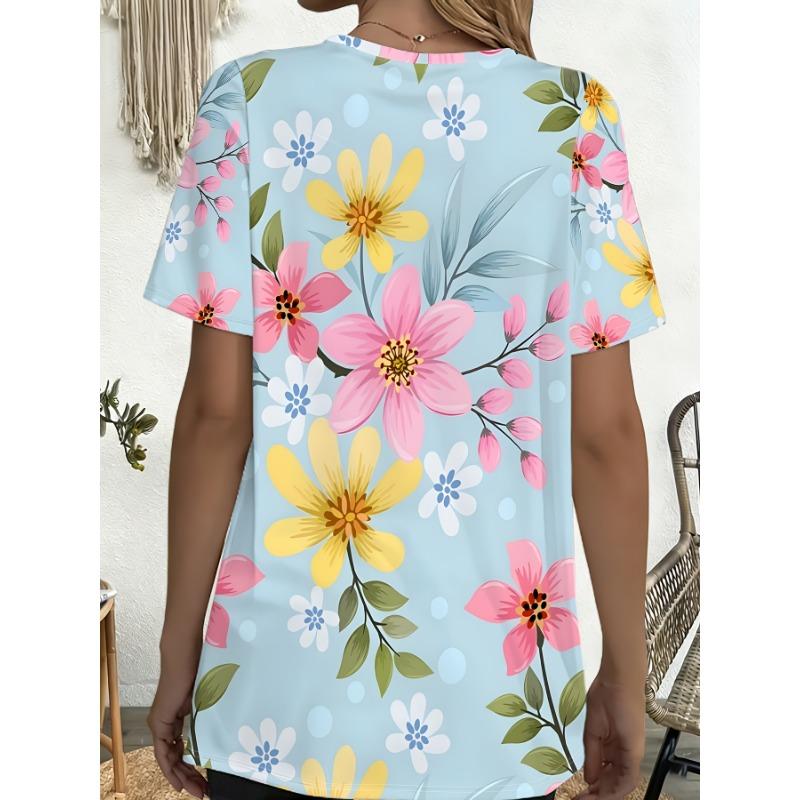 Women'S Summer Light Small Floral Fresh Style Printed Pocket Round Neck Short Sleeve T-Shirt Top