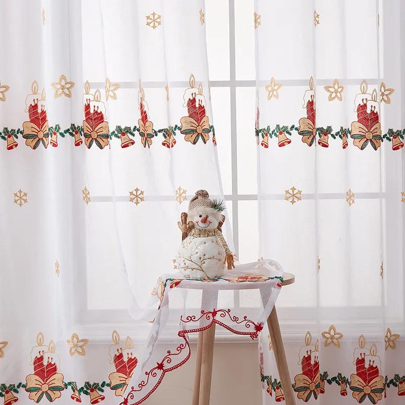 Window Screen Sheer Yarn Decorative 1PC American Christmas Tulle Curtains for Living Room Snowflake Embroidered