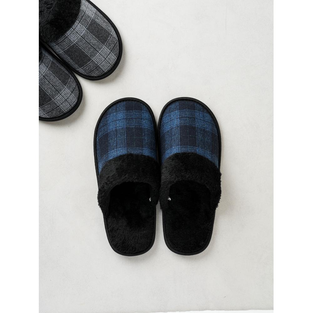 Daiso Plaid Fur Finish Winter Living Room Shoes 260 270 Mm blue pattern