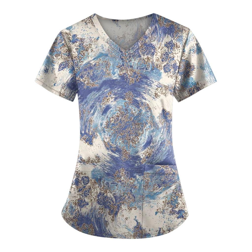 Plus Size Printed Scrub Working Uniform Tops For Women's V-Neck Print Short Sleeve Fun T-Shirts Workwear Tee With Pockets