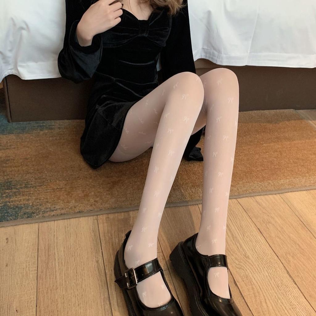 Black Bowknot Stockings Thin Summer Hot Girl Black Silk Jacquard Student Versatile Pantyhose