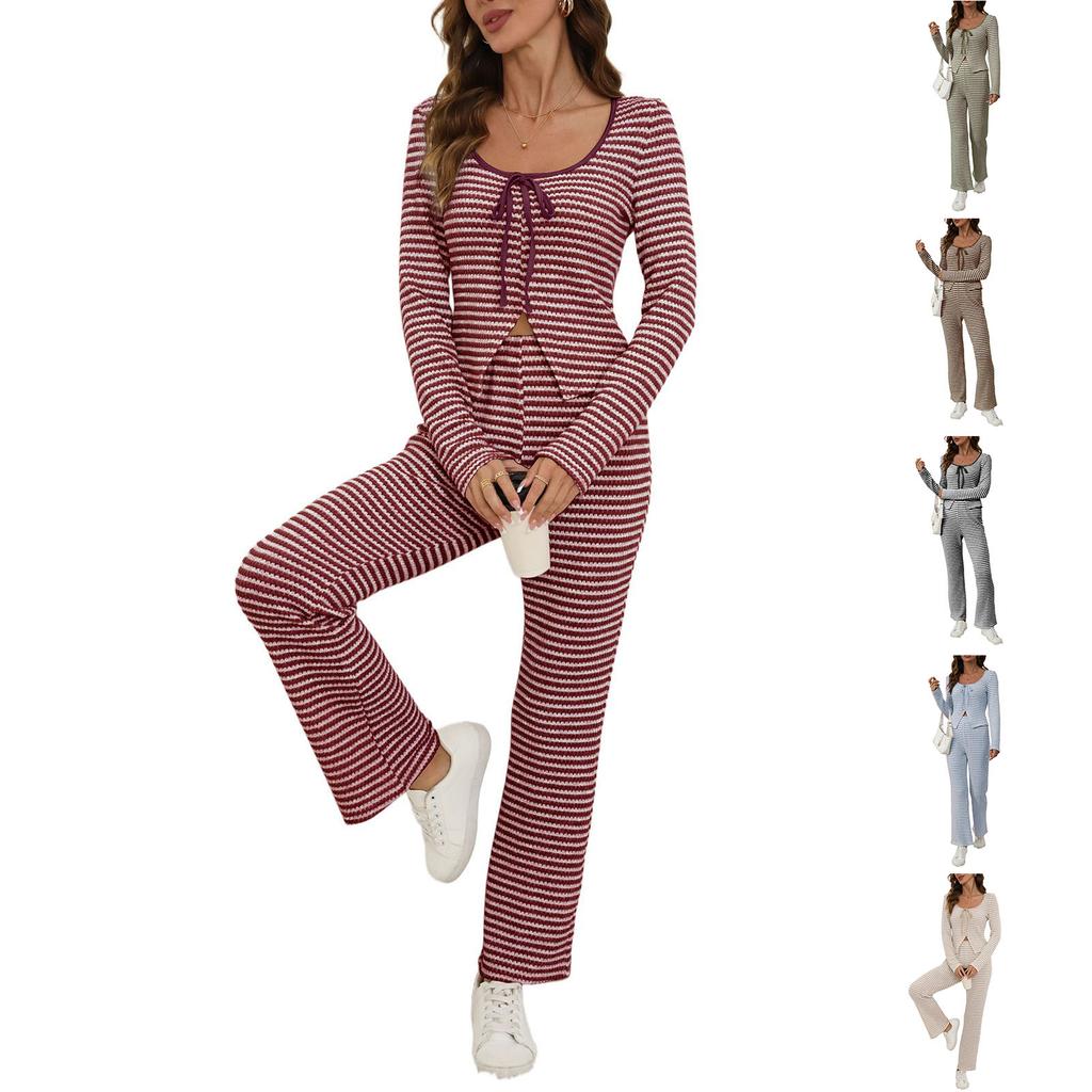 Ladies' Casual And Fashionable Striped Wide-leg Lace-up Suit