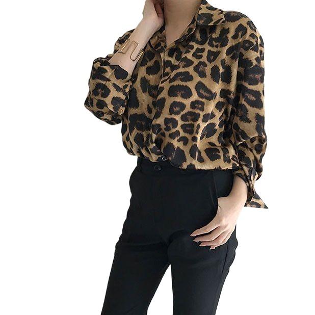 Damen Retro Leopardenmuster Langarm Revershemd