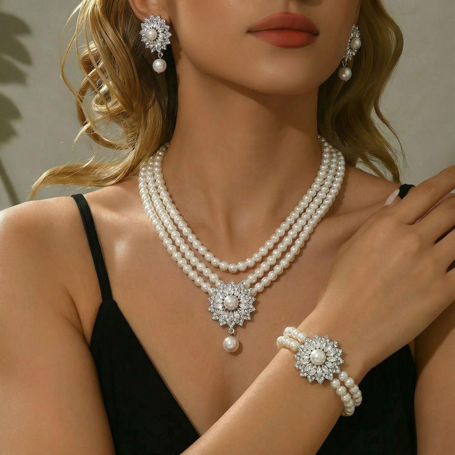 

Hot-selling snowflake necklace bracelet earrings three-piece set women s fashion wedding high-end explosive jewelry