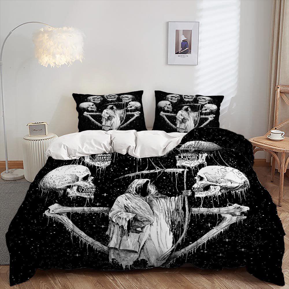 Gothic Skull Duvet Cover Set Queen Size Black And White Skull Bedding Set For Boys Teens Men Retro Floral Comforter Covers Set