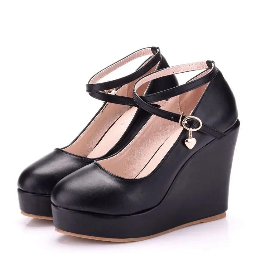 Fashion Crystal Queen White Platform Wedges Pumps Women High Heels Shoes Round Toe Cross Ankle-Strap Large Sizes