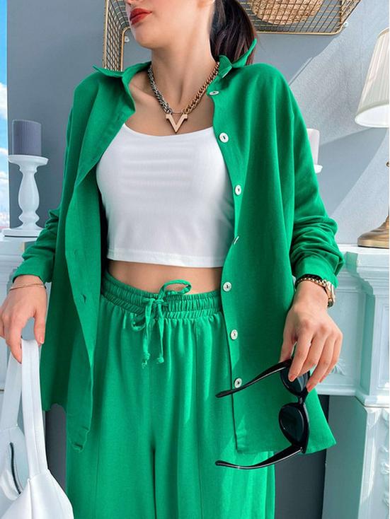 2024 Frühling Zweiteiler: Einfarbiges Revershemd & Harems-Hose