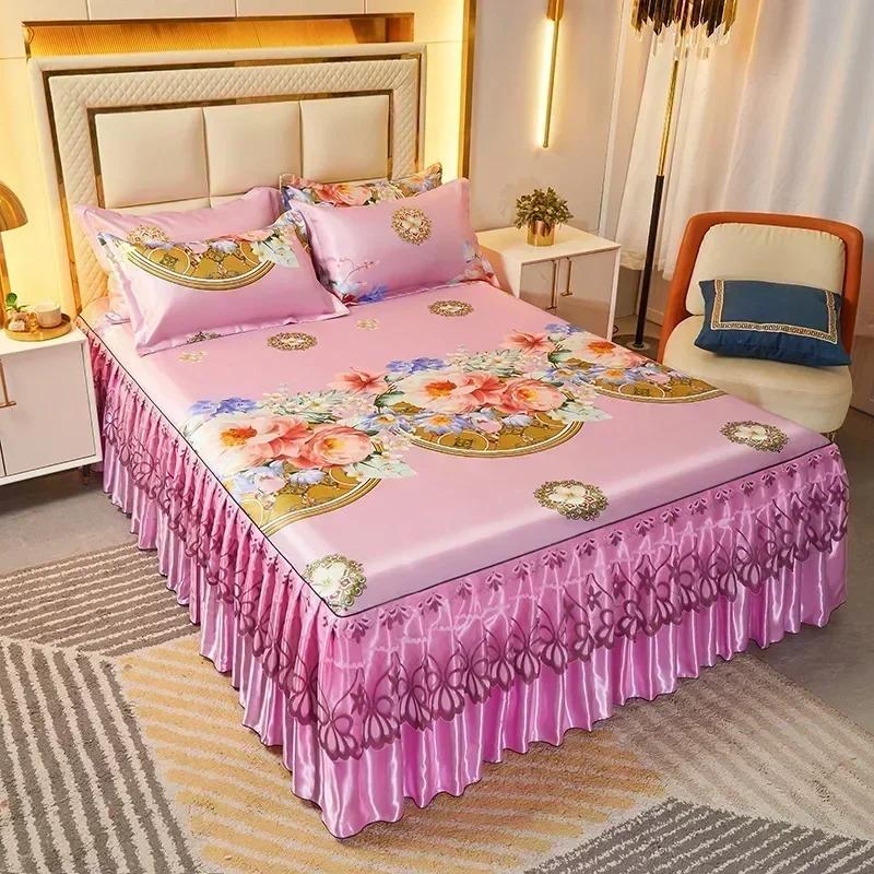 Korean Version Lace Solid Color Bed Skirt Three Piece Set, Skin Friendly Double-layer Bed Cover Non Slip Bed Cover Falda De Cama