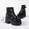Fashion Women's Platform Goth Fashion Mid Calf Boots Punk Motorcycle Chunky High Heeled Shoes Women Leather Black Bat Buckle Ankle Botas