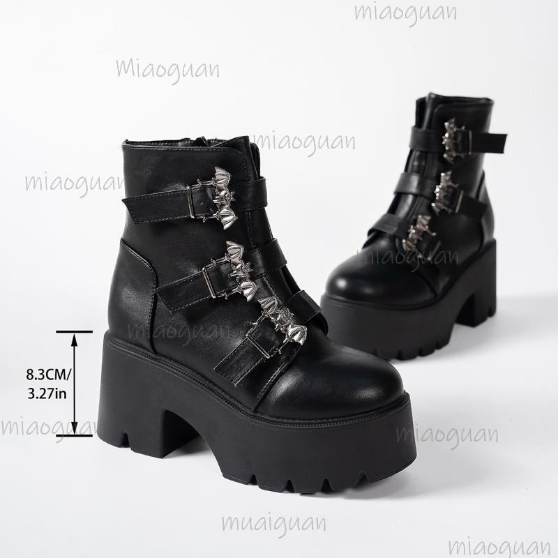 Fashion Women's Platform Goth Fashion Mid Calf Boots Punk Motorcycle Chunky High Heeled Shoes Women Leather Black Bat Buckle Ankle Botas