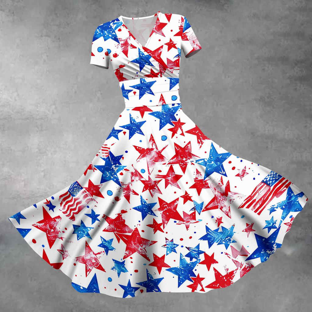 Women's Fashion Casual Independence Day Printed Short Sleeve Dress Elegant Maxi Dress